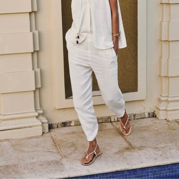 Zara Pants - Zara White Classic Boho Coastal Grandma Pull On White Linen Pants Large NEW